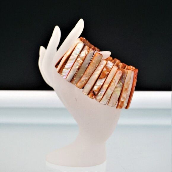 Abalone Mother of Pearl Shells Bracelet Tropical Boho Beach Stretch Orange Lust - Picture 10 of 10